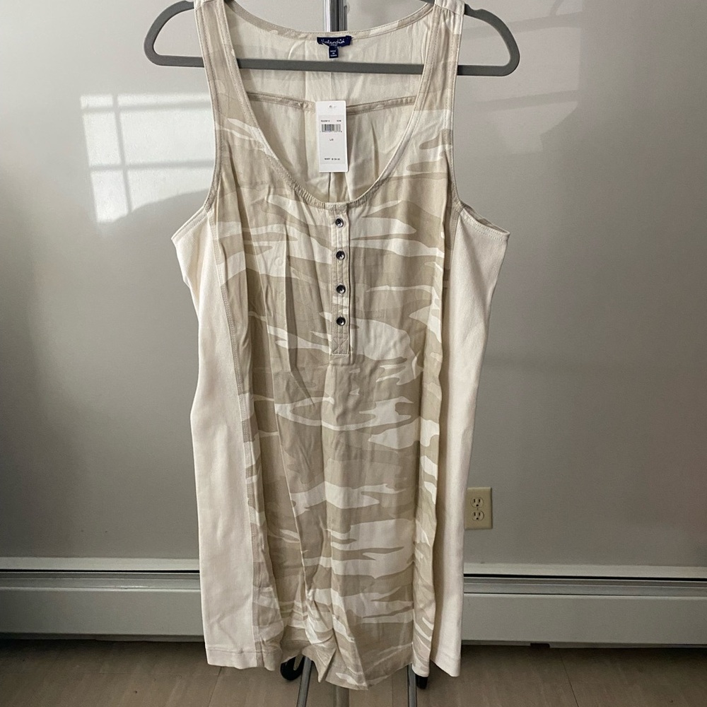 Neutral Tan & Cream Sleeveless Dress with Henley Tag Camouflage